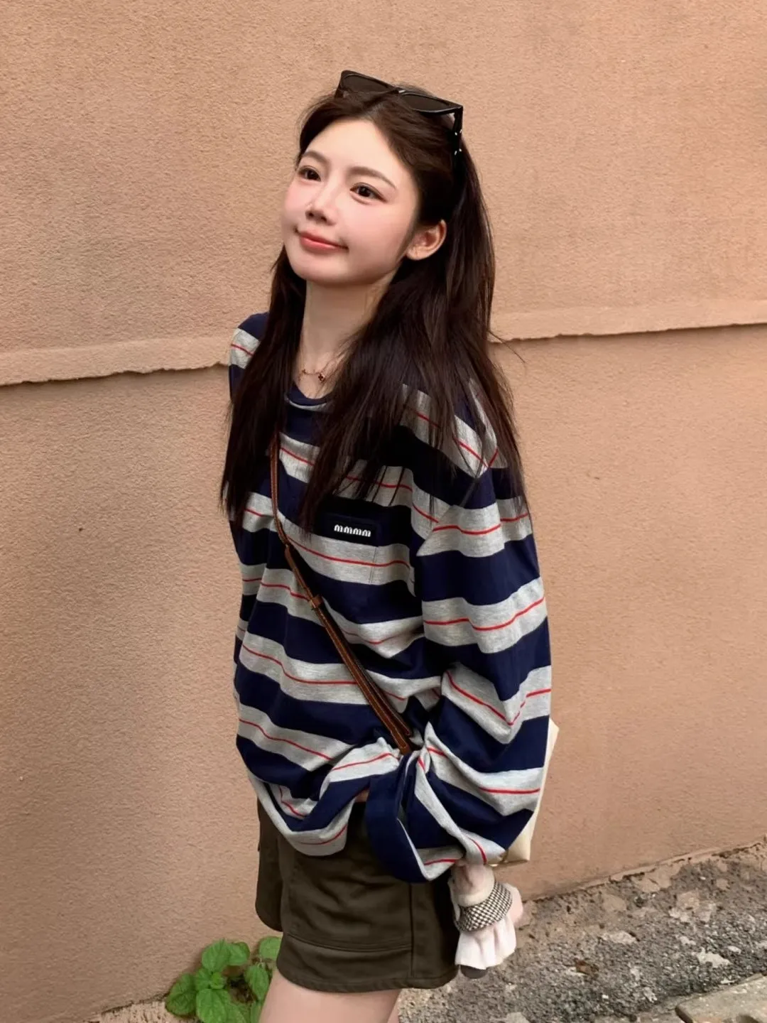 Retro American Color Block Striped Miu Girl Long Sleeve T Shirt Women Early Autumn Top Lazy Shoulder Loose Base Layer Cotton