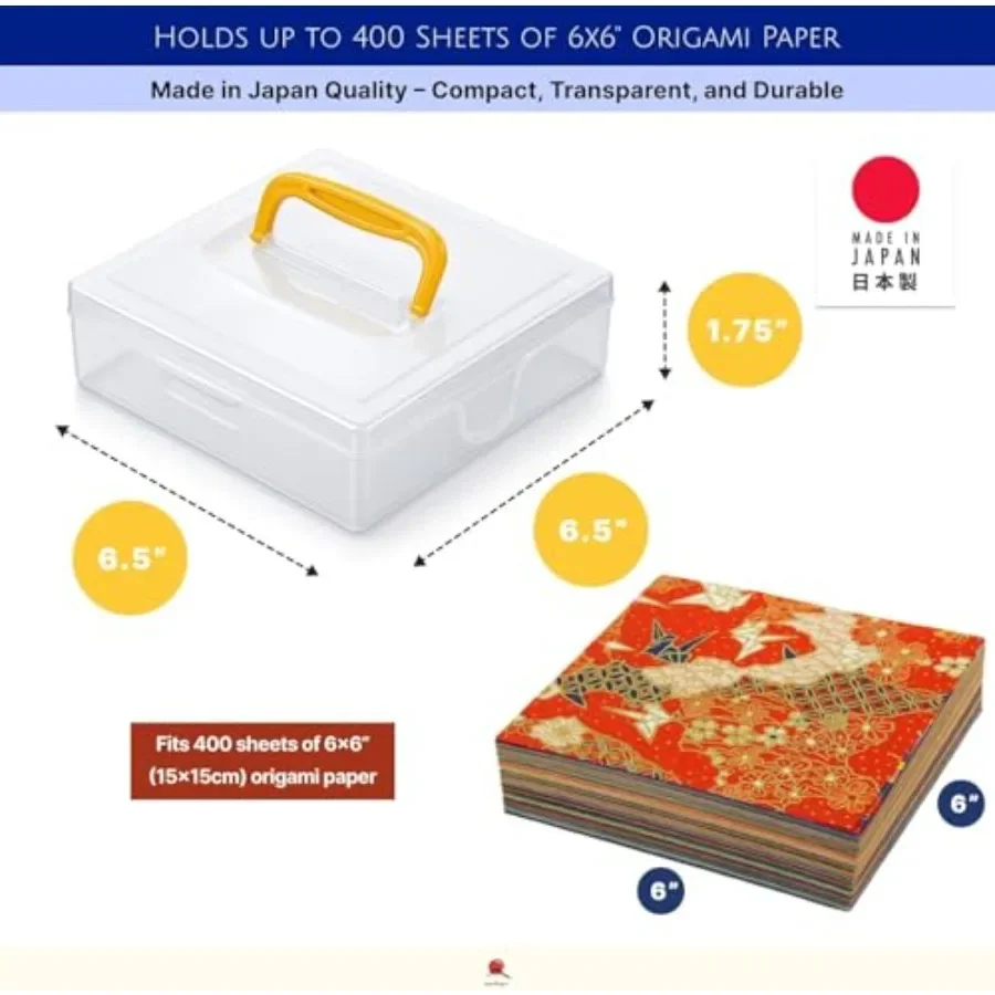 Japanese Origami Paper Storage Box, Fits 6-inch Folding Paper up to 400 Sheets, Clear Plastic Craft Organizer for Cardstock, St