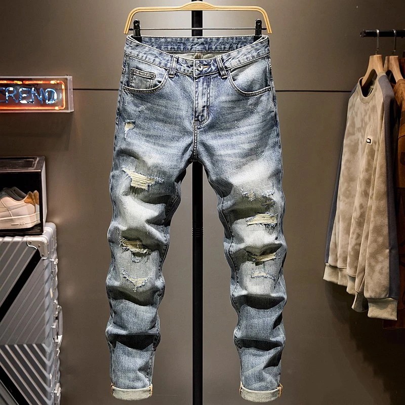 

Designer Fashion New Men's Jeans Scratched Elastic Slimming Nostalgic Elastic Slimming Retro Light Blue Jeans Italian Designer H