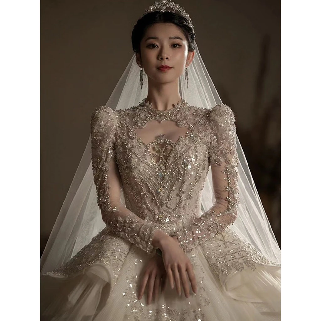 Luxury Wedding Dresses Shiny High Neck Beading Sequined Long Puff Sleeve Ruffle Princess Trailing Exquisite Bridal Gown High-end