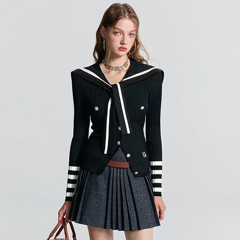 

Preppy Style Knitted Cardigan Women Striped Sailor Collar Cute Long Sleeve Sweater Elegant Sweet Autumn Winter Cardigan