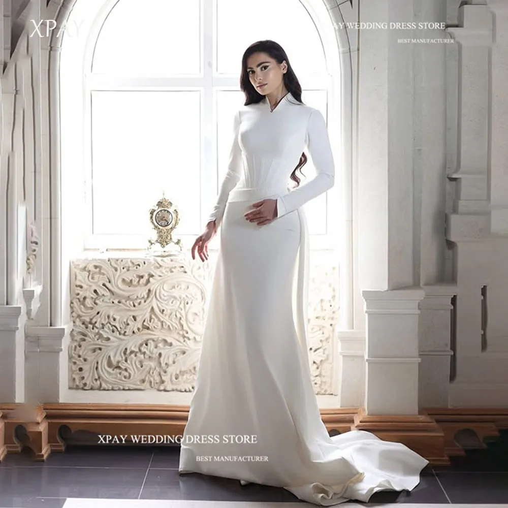 

XPAY Modest High Neck Mermaid Train Dubai Arabic Women Wedding Dresses Long Sleeves Customized Bridal Party Gowns 2025