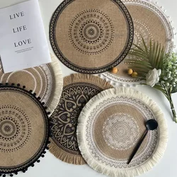 Vintage Pastoral Round Cotton Linen Placemats Handwoven Jute Tassels Placemats Soft Non-slip Table Pads Vase Mats Accessories