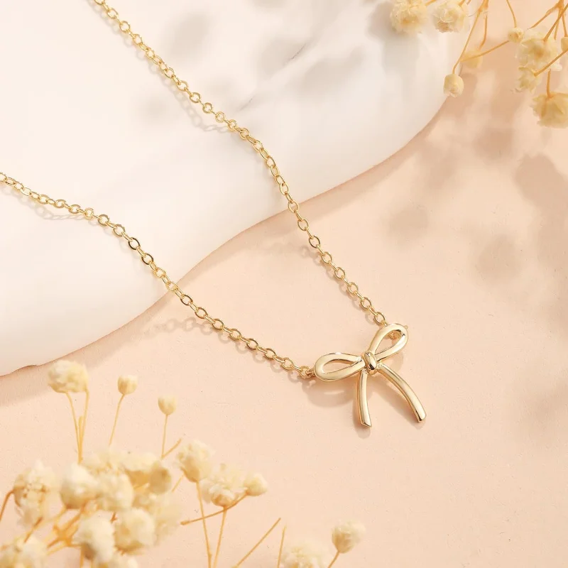 14k Dainty Gold Bow Necklace para mulheres, meninas adolescentes, pingente de arco minúsculo pequeno bonito, corrente gargantilha, joias para ela