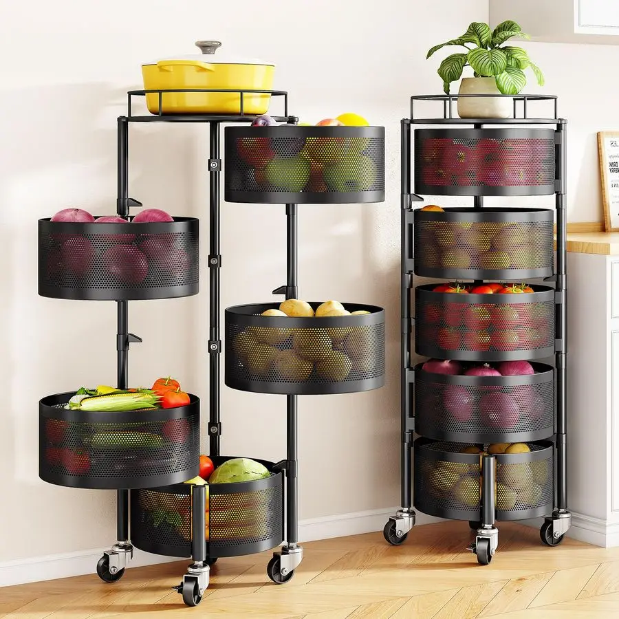 

Fruit and Vegetable Basket Bowls for Kitchen with Metal Top Lid, 5 Tier Rotating Storage Rack Cart for Potato Onion Customizable