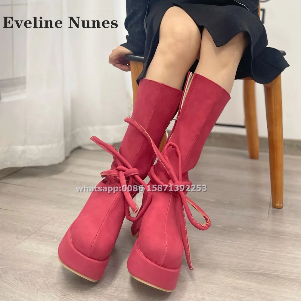 

Bow Lace Up Platform Knee-High Boot Round-Toe Thick Sole Solid Side Zipper Modern Booties Spicy Girl Street Style Shoes Newest