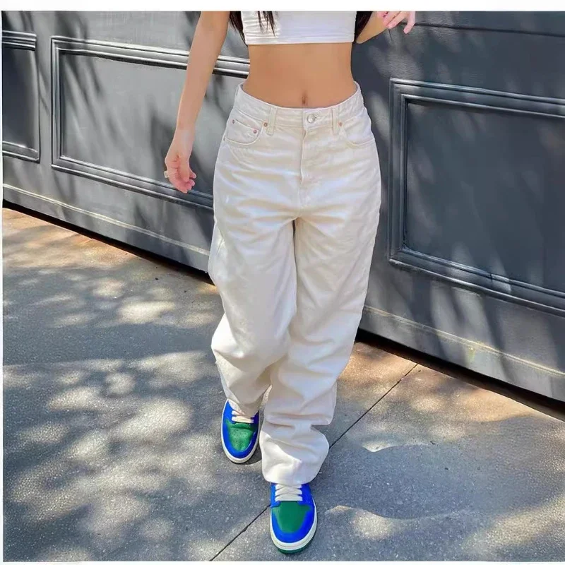 New Full Length Women Jeans Solid Distressed Denim Straight Pants Pockets Loose Casual Mid Waist Basics Zipper Fly Flat Washing