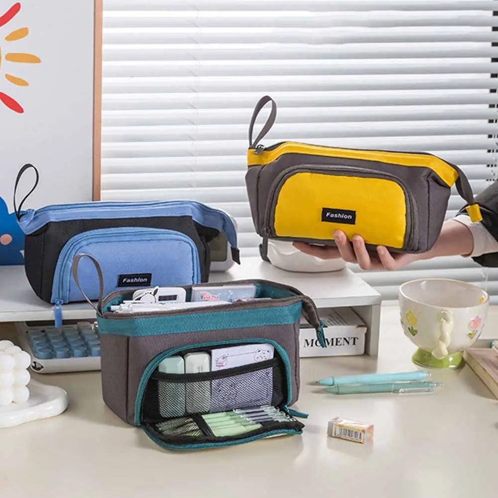 Creative Zippered Pencil Case Oxford Fabric Large Capacity Pencil Storage Bag with Handle Durable Multi-Compartment Pen Box