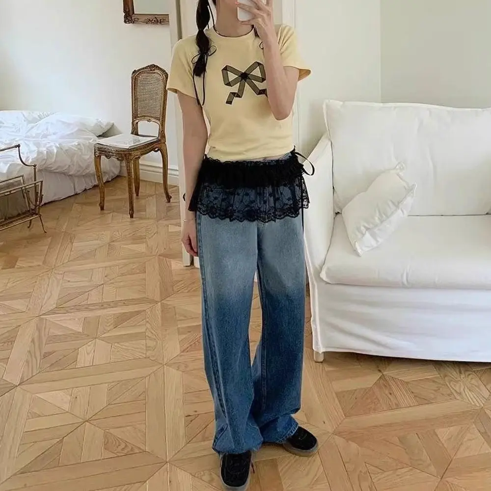 New Embroidered Flower Lace Mini Skirt See Through Harajuku Lace Up Ruffles Skirt Y2K Streetwear Ruched Skirts Jeans Decoration