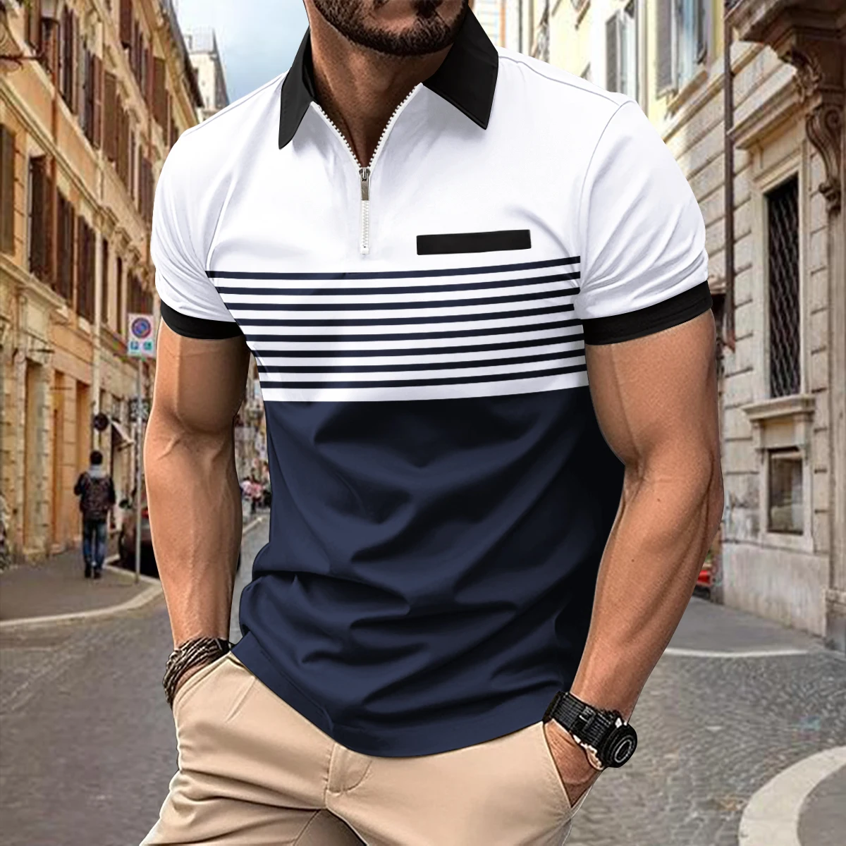 

Summer NewColor MatchingStriped Short Sleeve Pocket Decoration Fashion High street POLO Shirt Business Casual Breathable T-Shirt