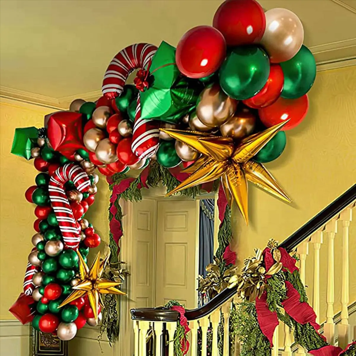 A38M 2 set Christmas Balloon Arch Green Gold Red Box Candy Balloons Garland Cone Explosion Star Foil Balloons