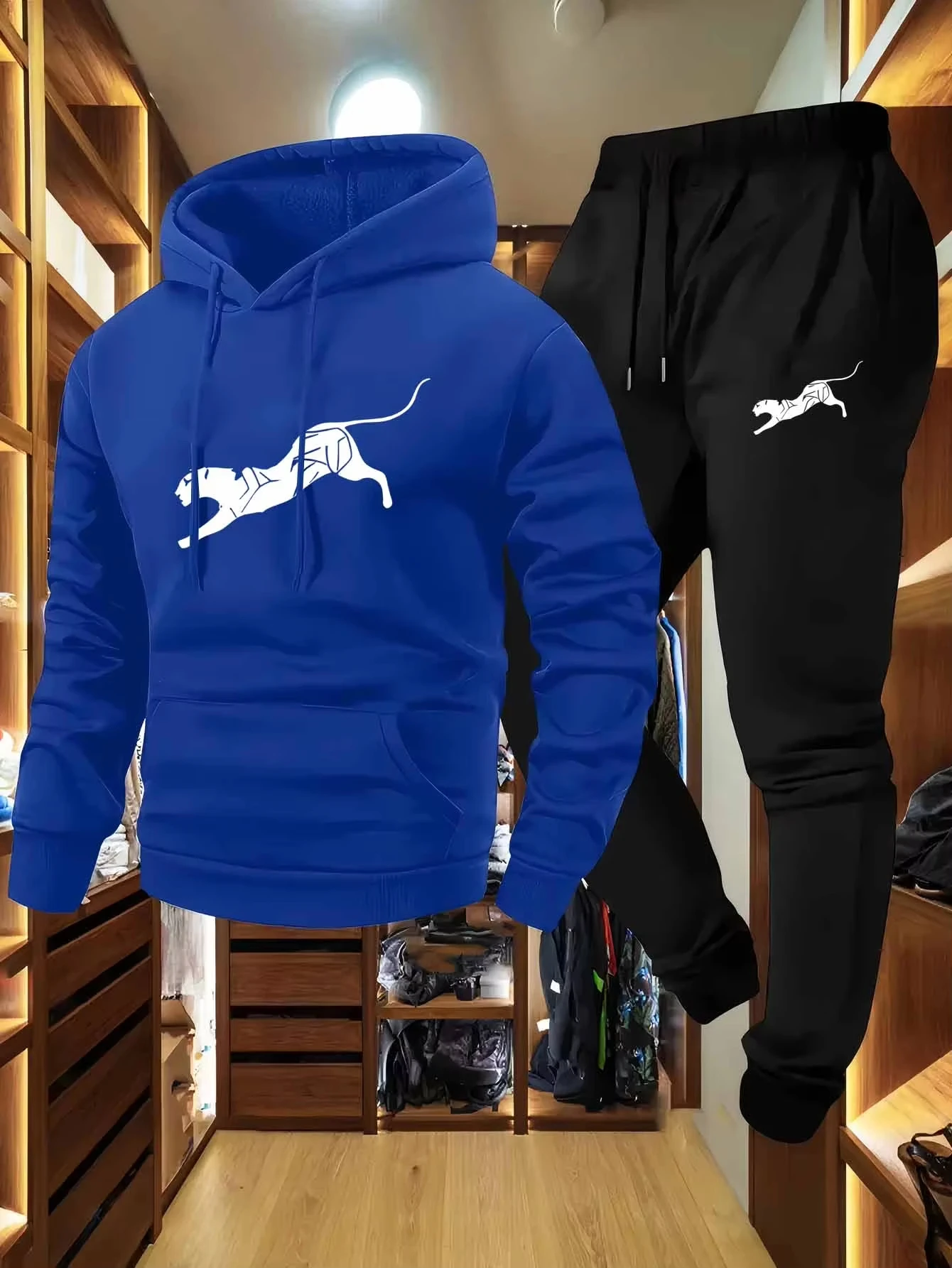 Ensemble de survêtement 2 pièces pour homme, imprimé léopard, sweat à capuche à manches longues et pantalon de jogging, tenue décontractée pour le sport et le quotidien