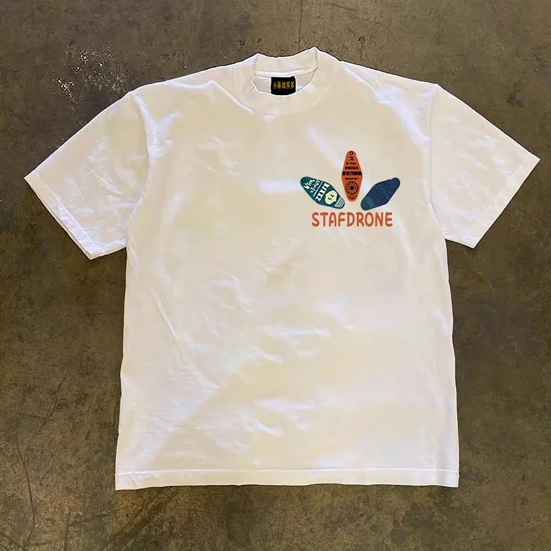 Loose Fit Cotton T-Shirt Men's Short Sleeve Breathable Comfortable Retro American Style Double Thread 3A260g Surf Board Pattern