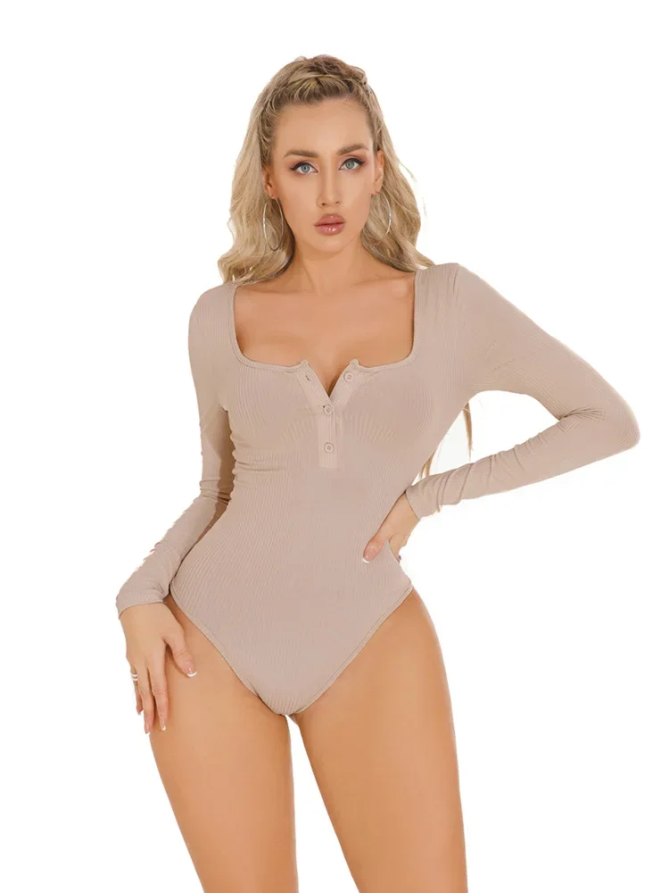 

Deep V Neck Sexy Bodysuit for Women's Long Sleeve High Cut Home Jumpsuit Pajamas Beige Fun Leotard Elegant Night Party Club Wear