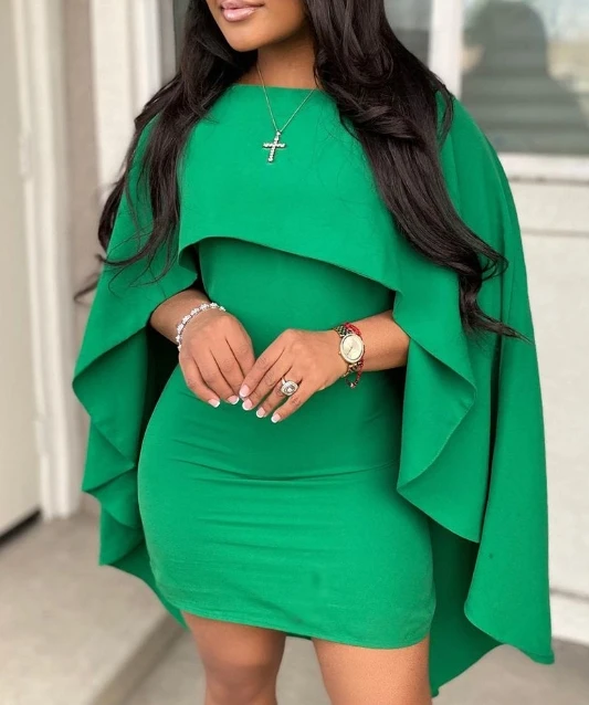 

Womens Dresses 2024 Summer Green Shawl Cape Sleeve Round Neck Casual Daily Tight Fitting A-Line Mini Package Hip Dress