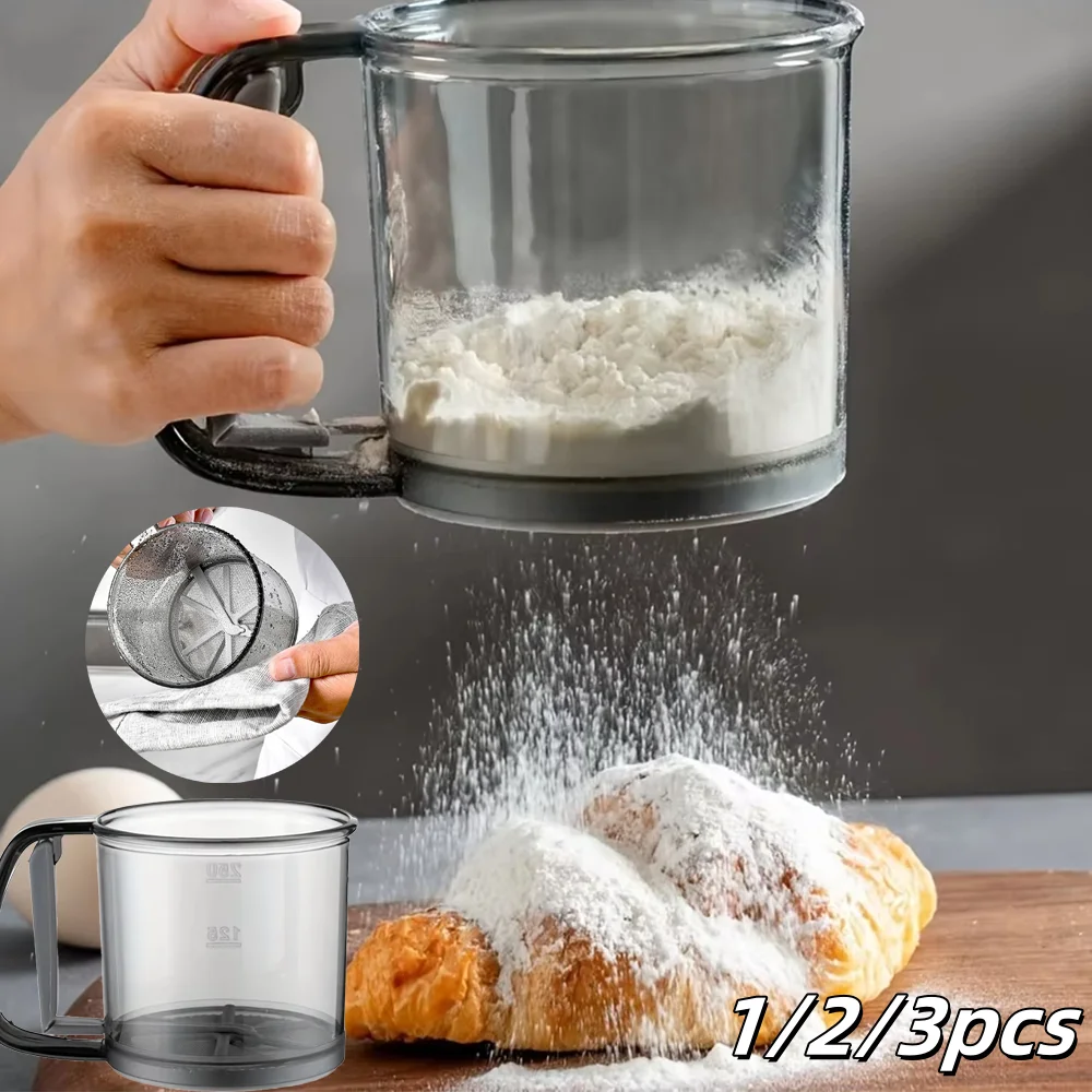 Tamiz de harina semiautomático transparente con diseño de prensa manual, filtro de cocina, tamiz de harina, herramientas antiadherentes para hornear, 1/2/3 Uds.
