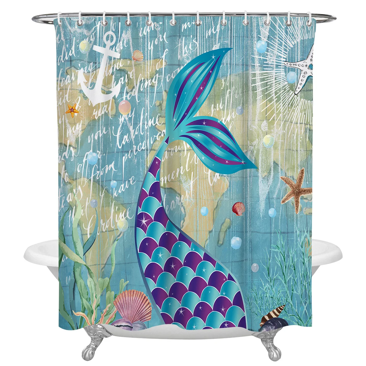 Mermaid Tail Marine Coral Shell Starfish Waterproof Shower Curtain Printed Bath Curtains Bathroom Decoration Accessories