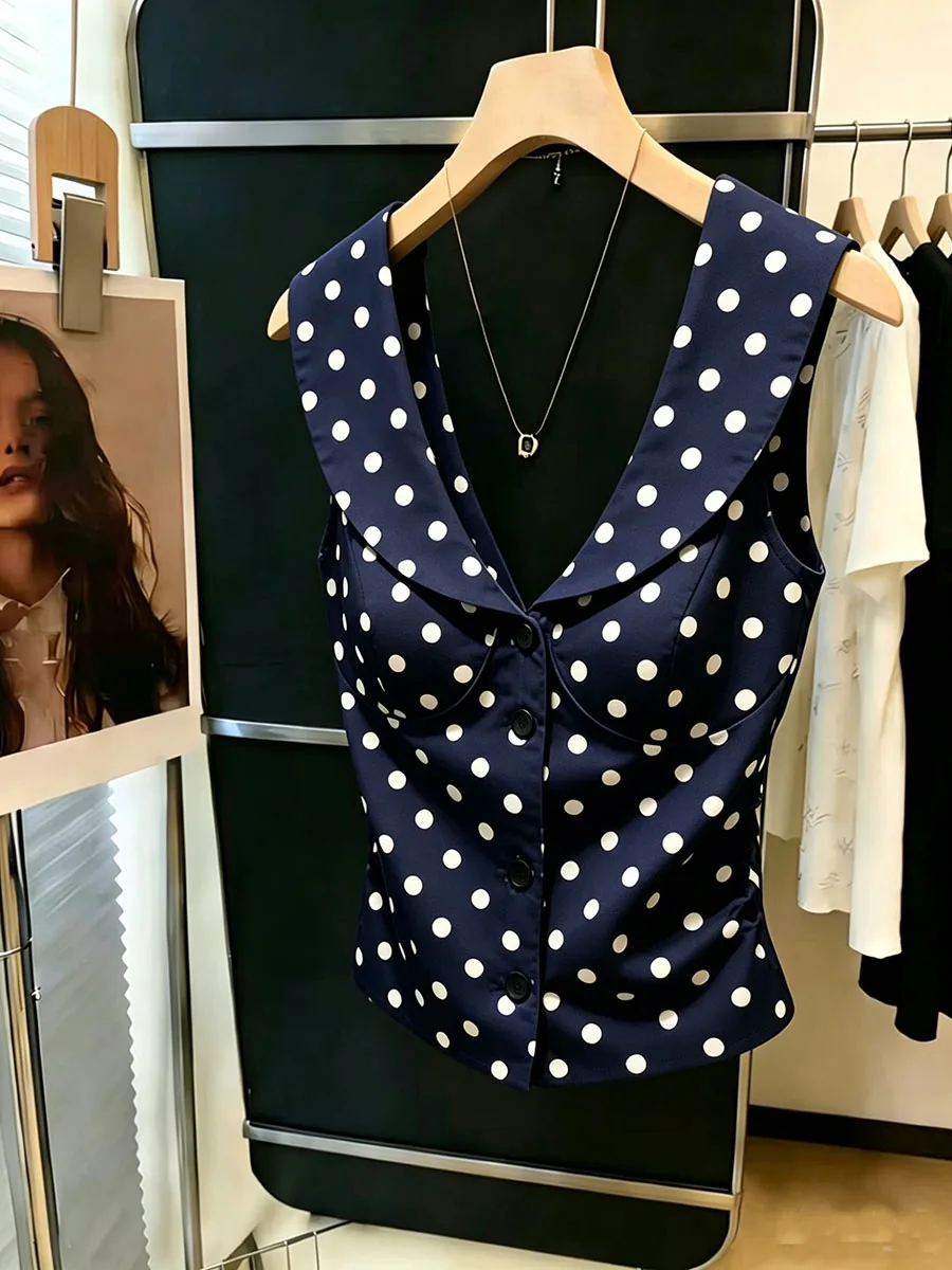 Women's Tank Tops Vintage Polka Dot V-Neck Sleeveless Vest Women Button Front Slim Fit Navy Blue Summer Casual Streetwear Outfit