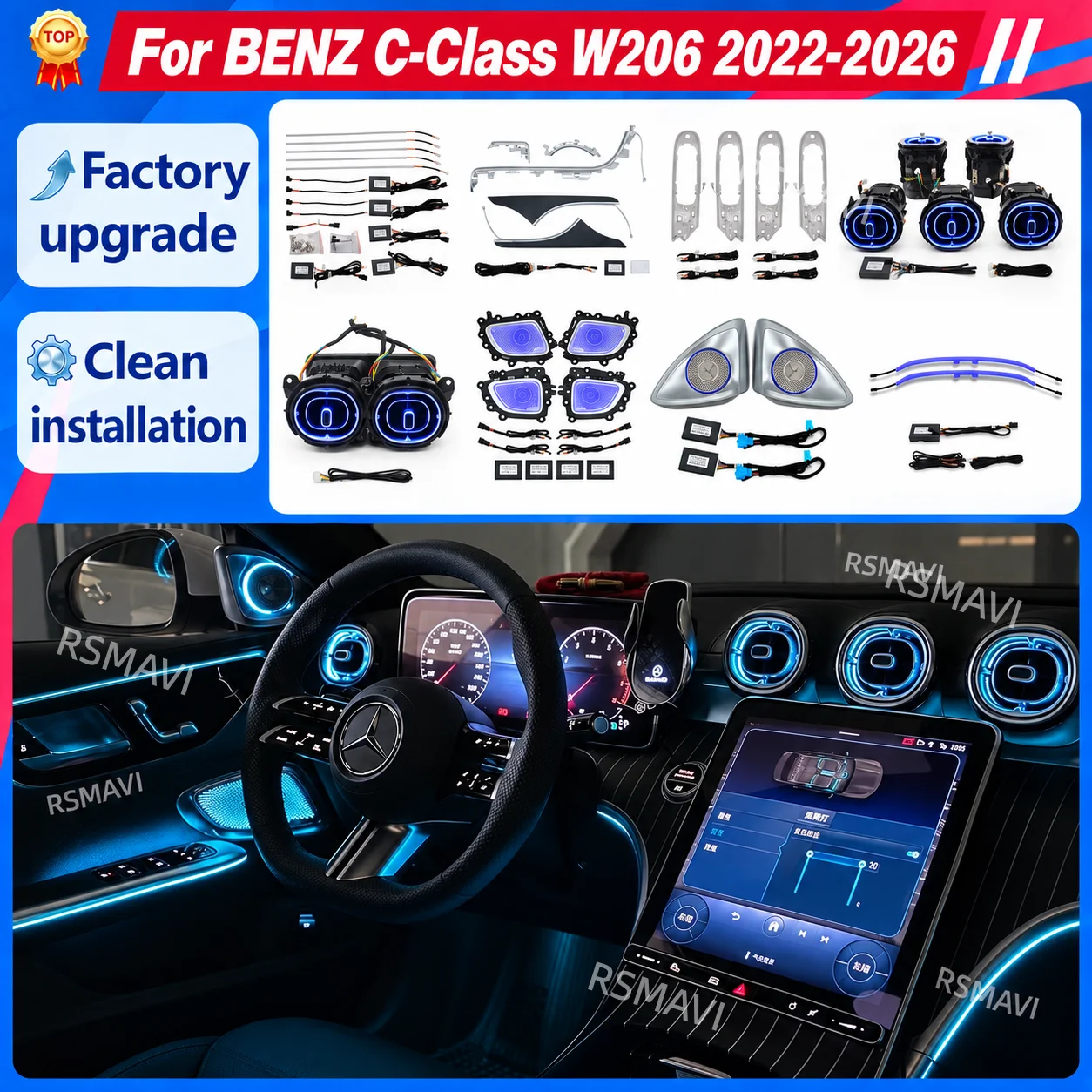 Active 64 Color Ambient Lighting Kit with Light Guides and Wiring for Mercedes-Benz C-Class W206 2022-2026 Interior Trim Upgrade