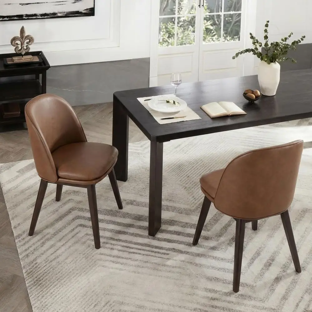 

Brown Leather Upholstered Dining Chairs Set of 2 with Thick Seat Cushion and Ergonomic Backrest for Home and Restaurant Use