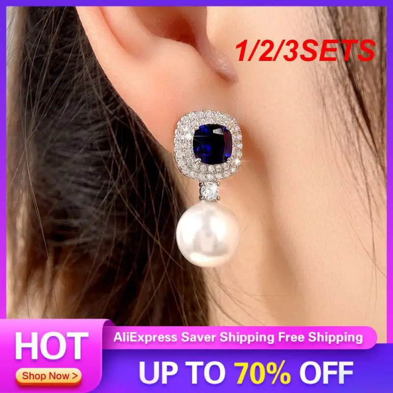 أقراط لؤلؤ تقليد من الزركون للنساء أقراط زرقاء أنيقة ، رائع حول النحاس ، أطقم 1 2 3