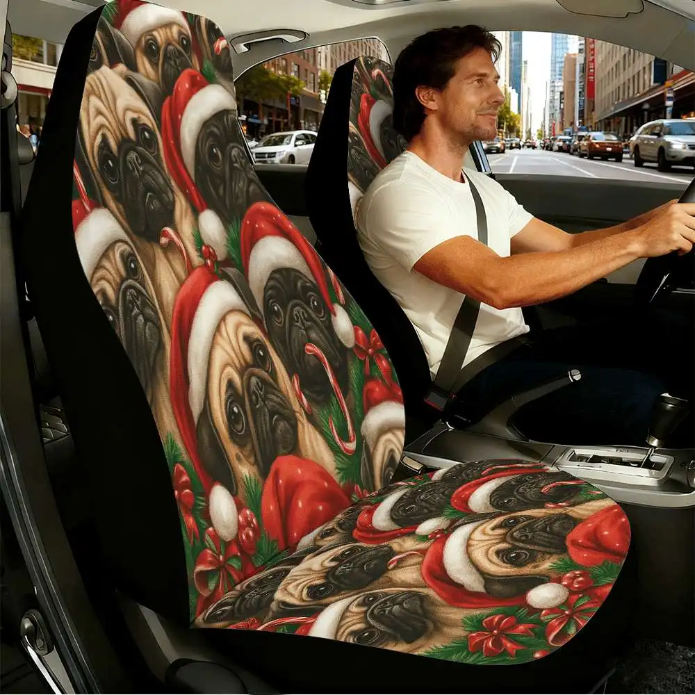 2pcs Christmas Pug With Candy Cane Car Seat Covers | High Back Design, Polyester Material, Universal Fit For Cars, SUVs, And Tru