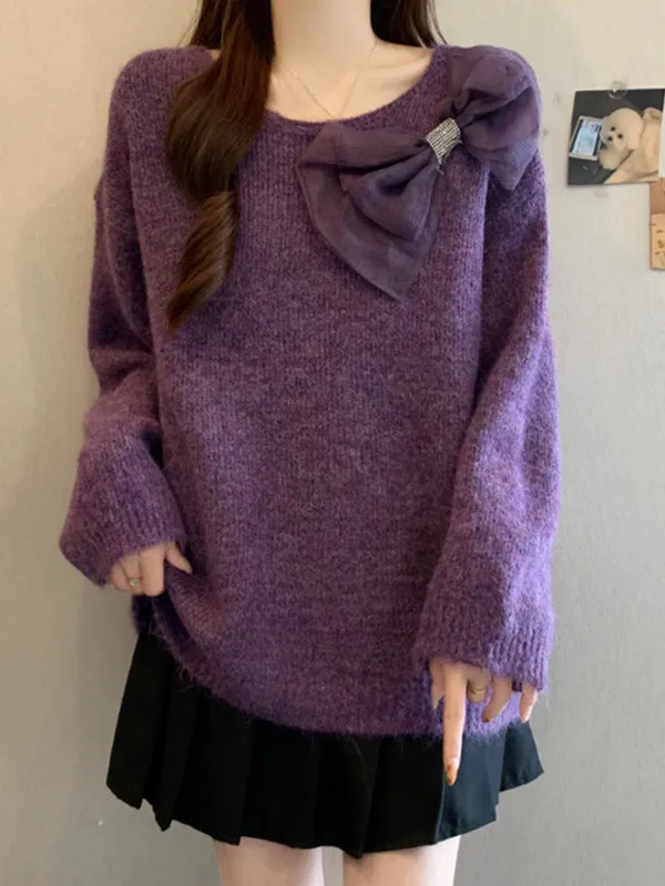 

plus Size Women's Purple Knitted Long Sve Sweater Loose Lazy Sle Knot High Waist Princ Sweet Sle Autumn W...
