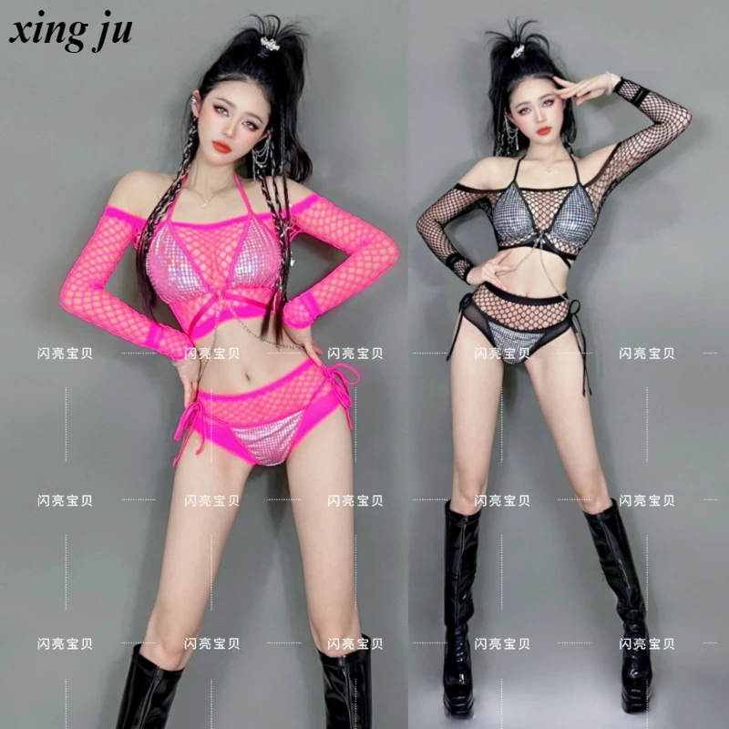 Nachtclub DJ Sexy Rosa Durchsichtige Hollow Out Tops Enge Schnürshorts Damen Festival Kleidung Bühnenkostüm Pole Dance Outfits