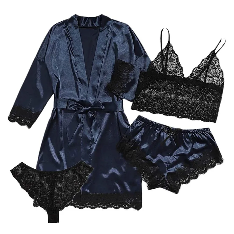 Black Sexy Women\'s Pajamas Satin 4-piece Lace Silk Suspender Tops Shorts Robe Pajamas Set Nightgown Underwear Nightdress Suit