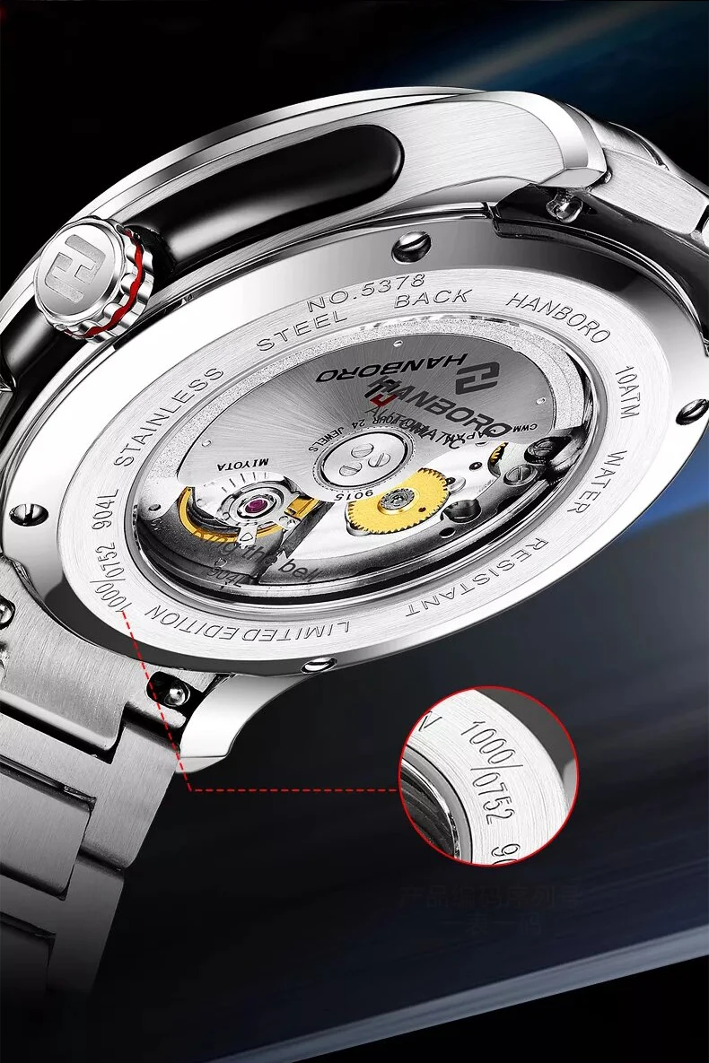 HANBORO Men Automatic Watch 41.5MM Luxury Mechanical Wristwatch 5Bar Sapphire Luminous Skeleton Dial Alarm Ring The Bell