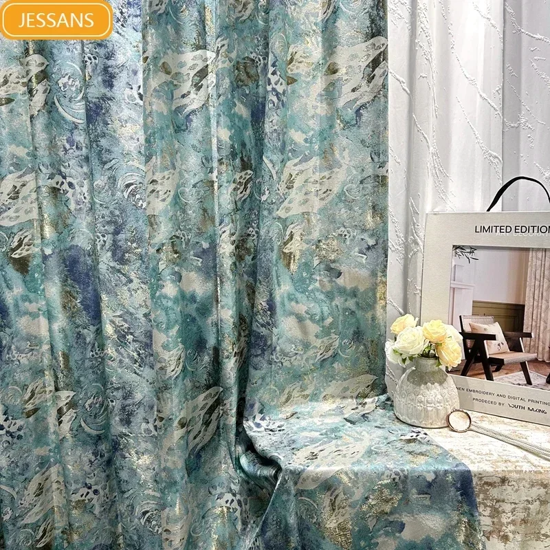 Blue Gold Line Oil Painting Jacquard Thickened Blackout Curtains for Living Room Bedroom French Window Balcony Window Customized