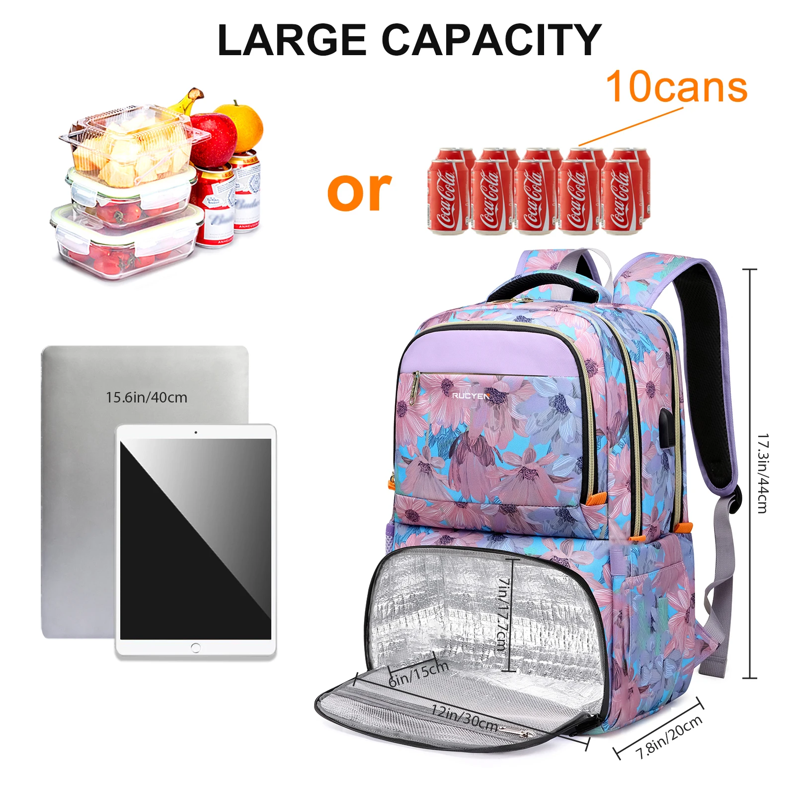 Lunch Backpack Insulated Cooler Picnic Bag Women\'s Camping Backpack Lunch Box with USB Port 15.6 Inch Laptop Waterproof Backpack