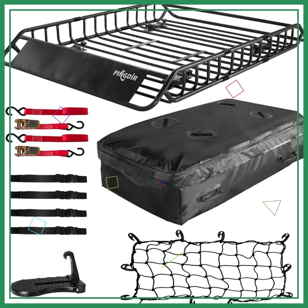 

51"x36"x5" Roof Rack Basket with Waterproof Bag, Cargo Net, Ratchet Straps - Universal Fit