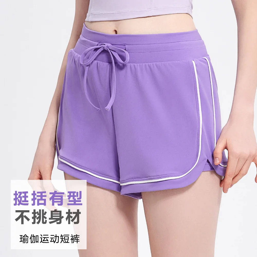 

Шорты с высокой талией, имитация двухслойных шорт, защита от просвечивания, для тренировок в спортзале, влагоотводящие, быстросохнущие, для бега