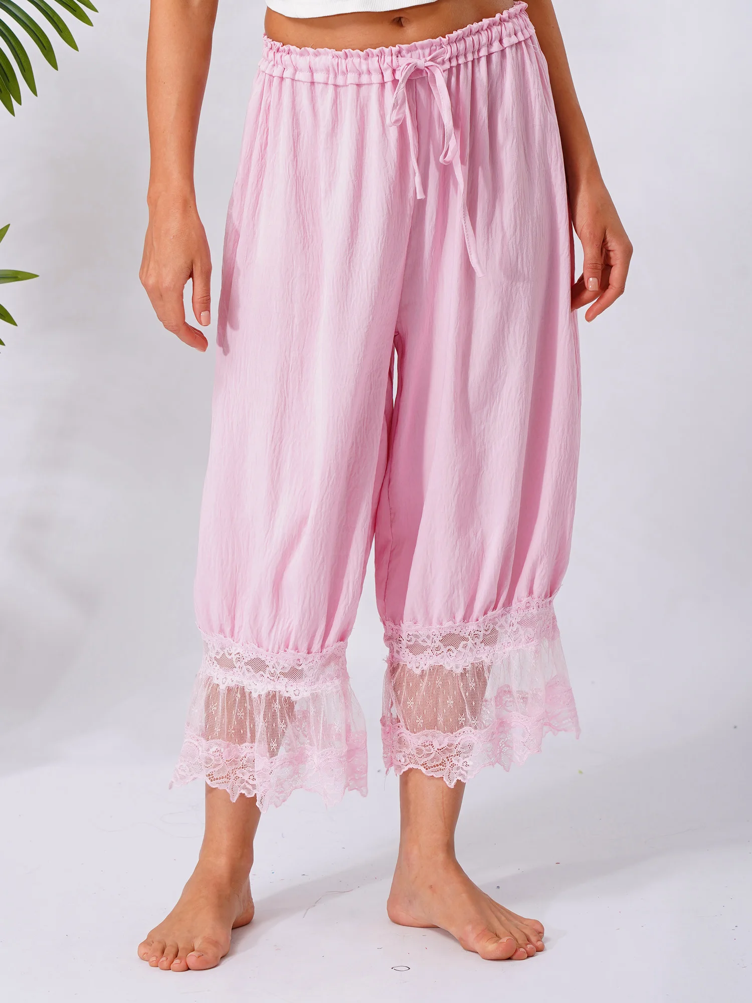 Fashion Women Calf-Length Patchwork Lace Bloomers Loose Fit Pyjama Trousers Cropped Pants Drawstring Home Leisure Wear Clothes