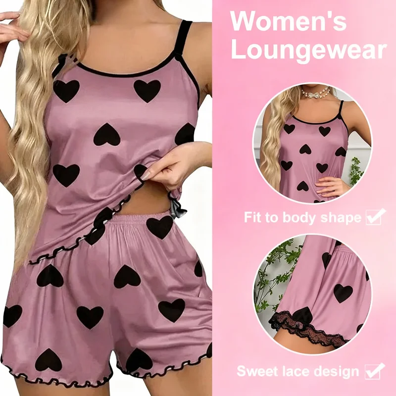 

Женский пижамный комплект, пижамные футболки, шорты, розовая футболка с круглым вырезом и принтом в форме сердца, топ из ледяного шелка, удобный повседневный топ на четыре сезона