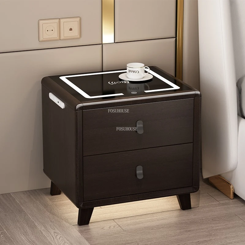 Modern Wooden Smart Nightstands Italian Light Luxury Bedroom Furniture Wireless Charging Fingerprint Lock Simple Bedside Tables