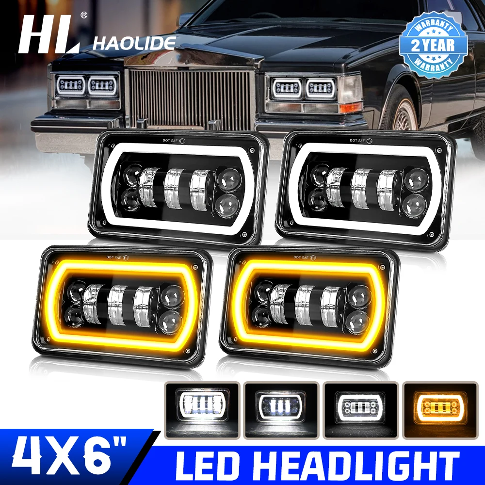 HL 4PCS 4x6 inch 90w LED Headlights with DRL for Peterbil Kenworth Freightinger Ford Probe Chevrolet Oldsmobile off-road use 12V