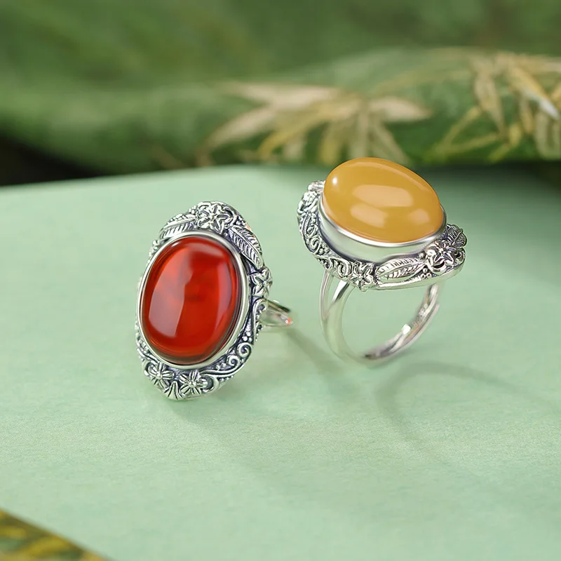S925 Sterling Silver Blood Amber Beeswax Flower Pattern Elegant Floral Oval Ring
