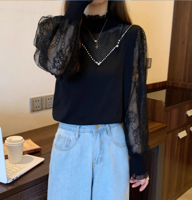 Tamanho grande renda emenda manga longa semi-gola alta camisa de fundo outono inverno nova moda feminina versátil camisola de malha