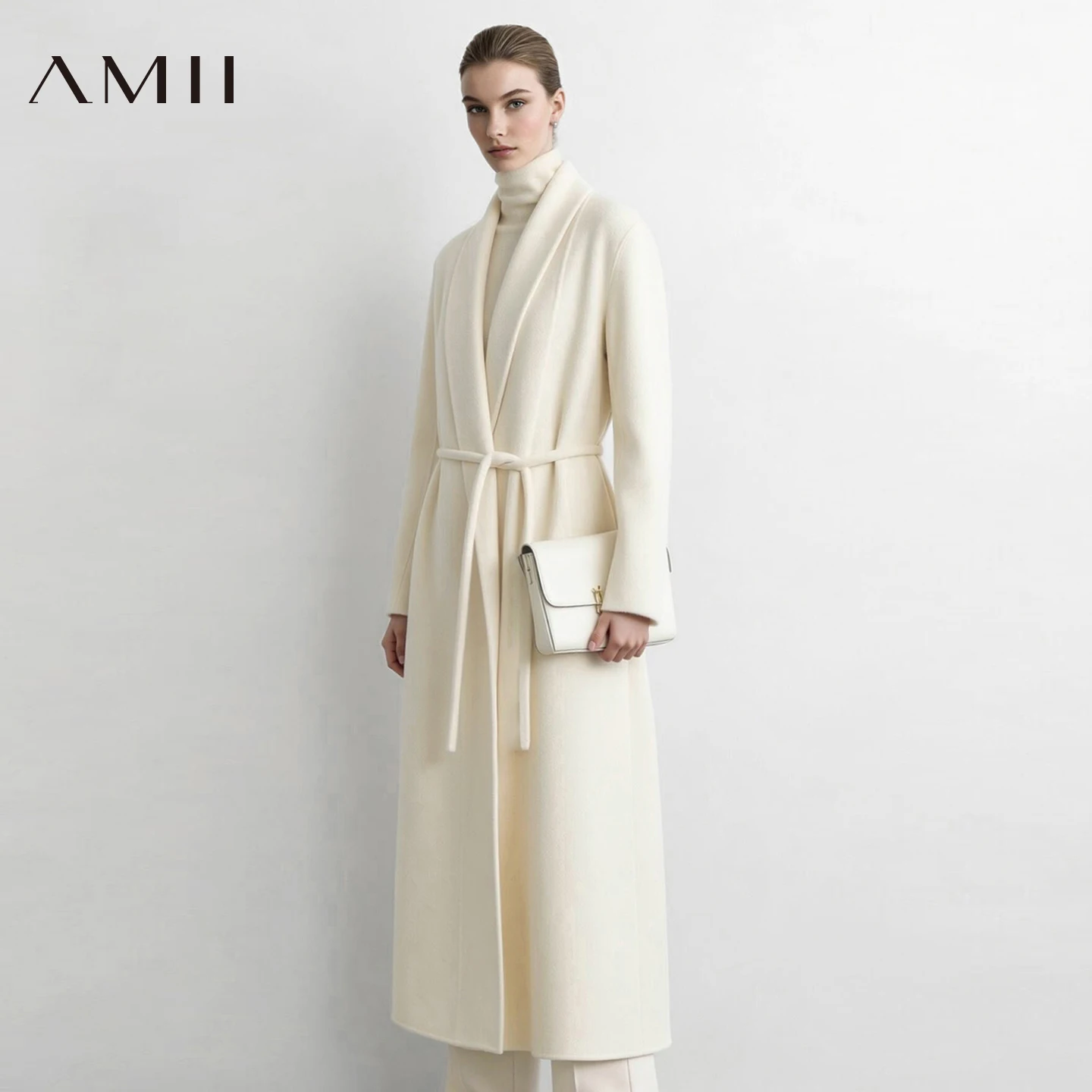 Amii Double-Faced Wool Alpaca Blend Belted Long Coat Elegant Slimming Minimalist 2026 Winter Women Winter Coat 12624042