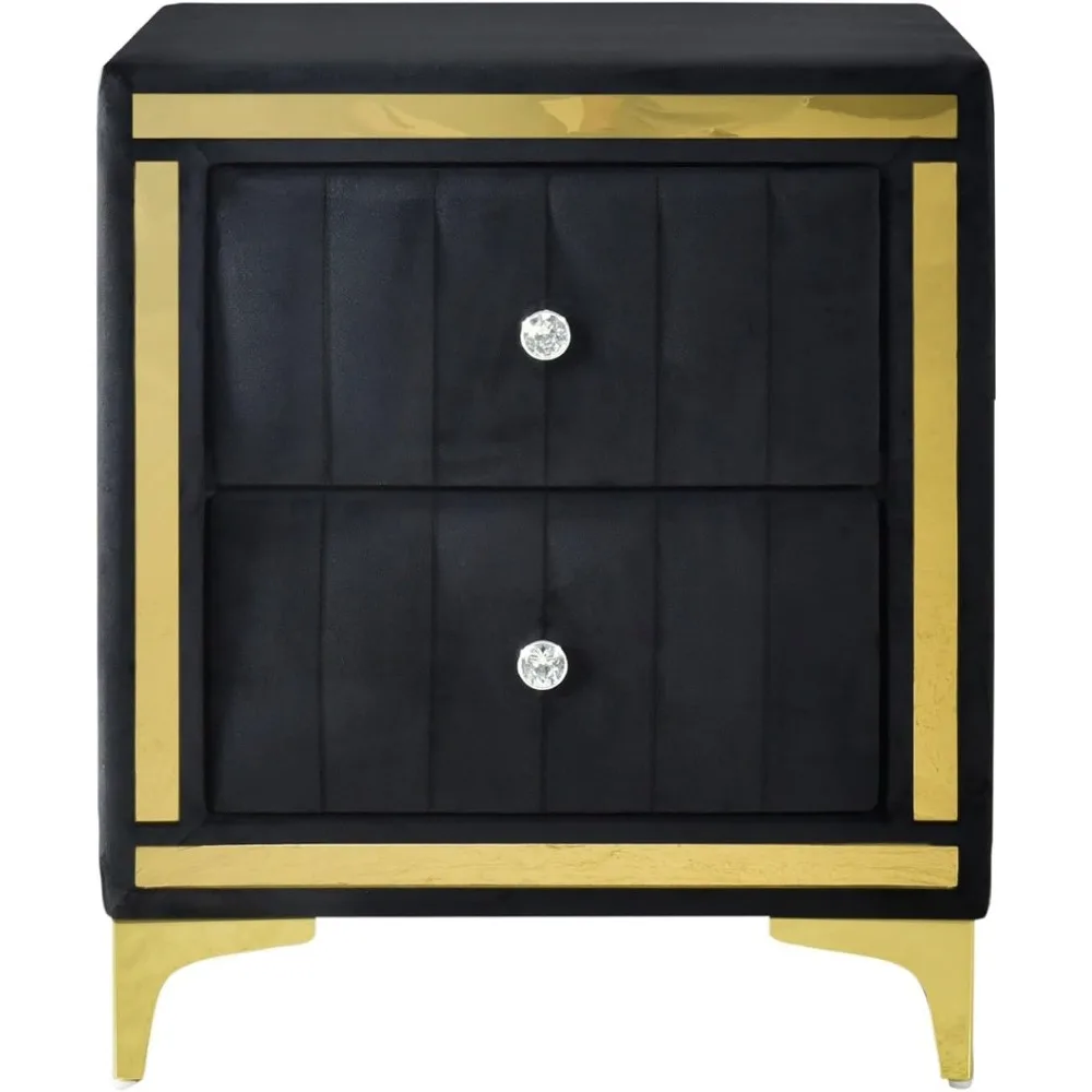 منضدة مونيك فيلفيت سوداء بأرجل ذهبية وزخرفة ومقابض كريستالية - مجمعة بالكامل