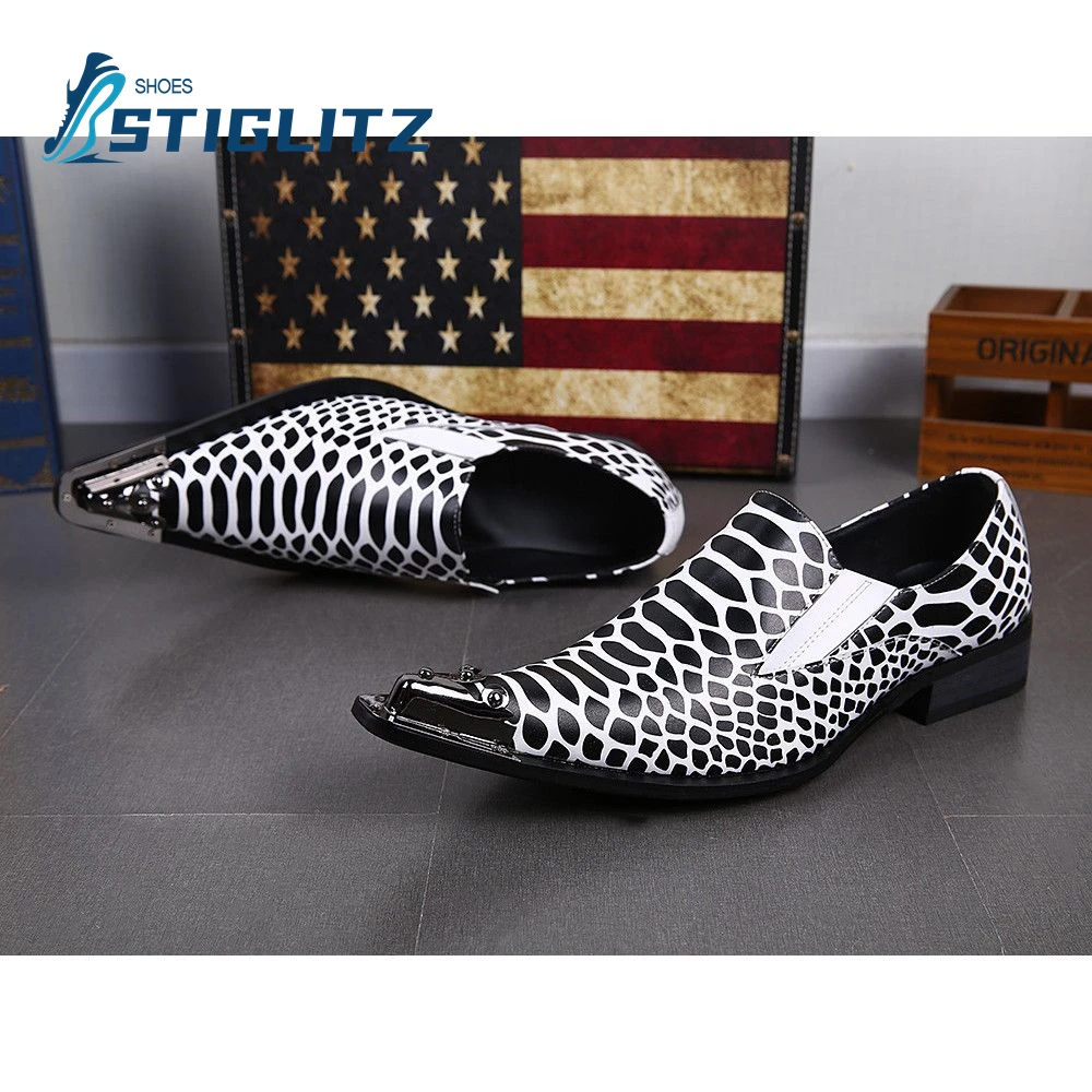 

Python-Embossed Mules Black and White Mesh Pointed Toe Slip-On Luxury Loafers Metal Iron Toe Men's Genuine Leather Casual Shoes