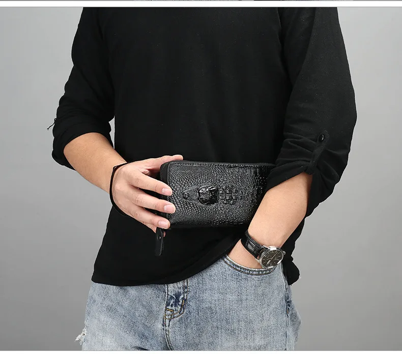 Simple Commuting Texture Crocodile Pattern Medium Long Outdoor Wrist Bag Zipper Mobile Wallet for Men