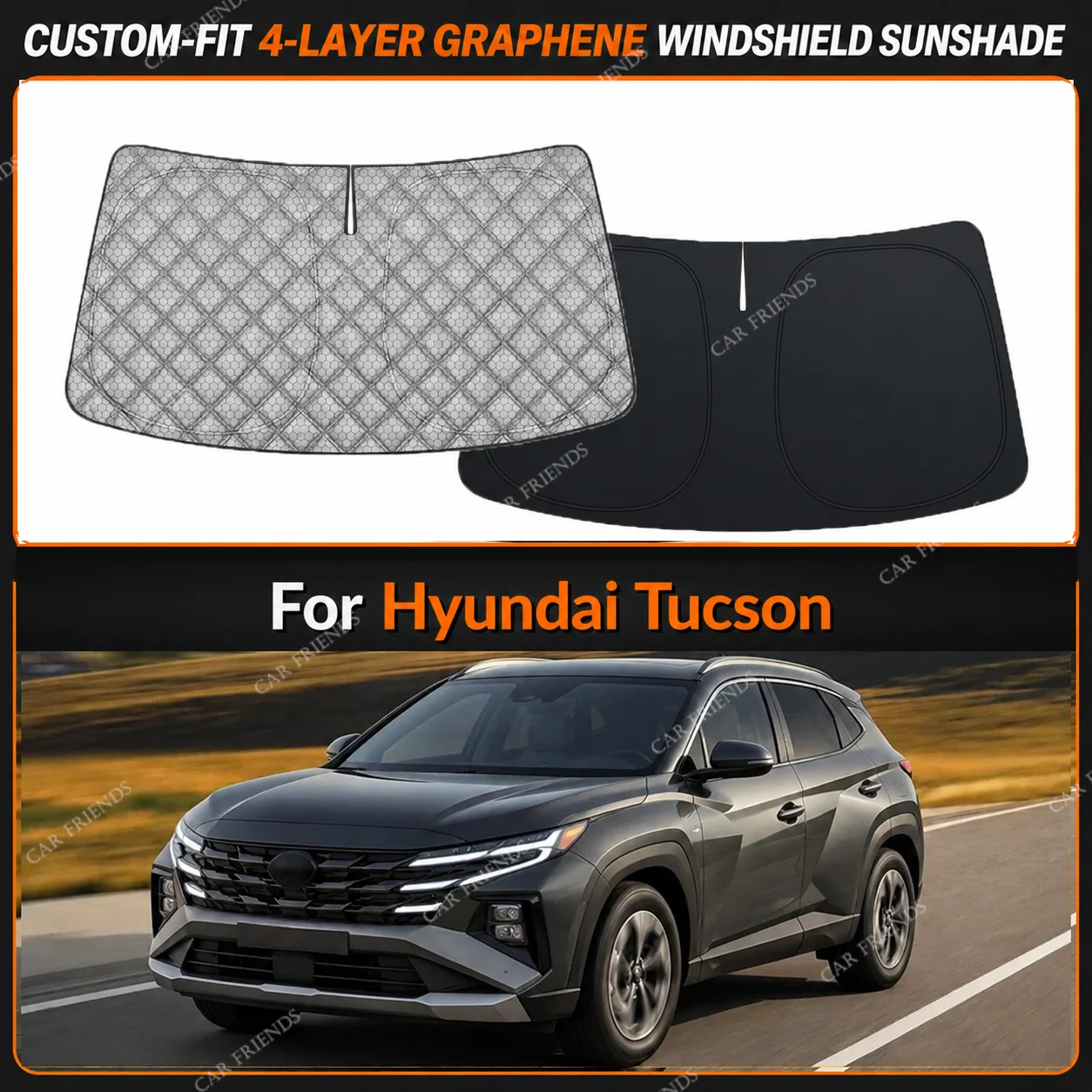 For Hyundai Tucson Custom-Fit 4-Layer Graphene Windshield Sunshade Reflective Gray-Silver Surface Helps Reduce Direct Sunlight