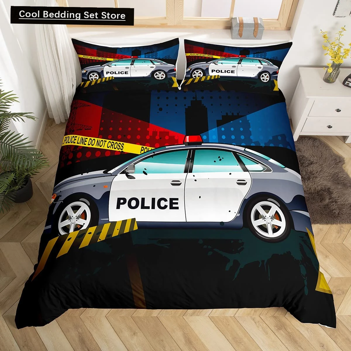 Police Car King Queen Duvet Cover White Grey Cartoon Police Vehicle Bedding Set for Kids Boys Black 2/3pcs Polyester Quilt Cover