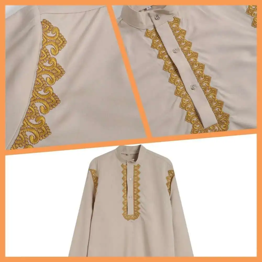 2025 New Men's Muslim Robe Arabic Robe Long Sleeve Embroidered Robe