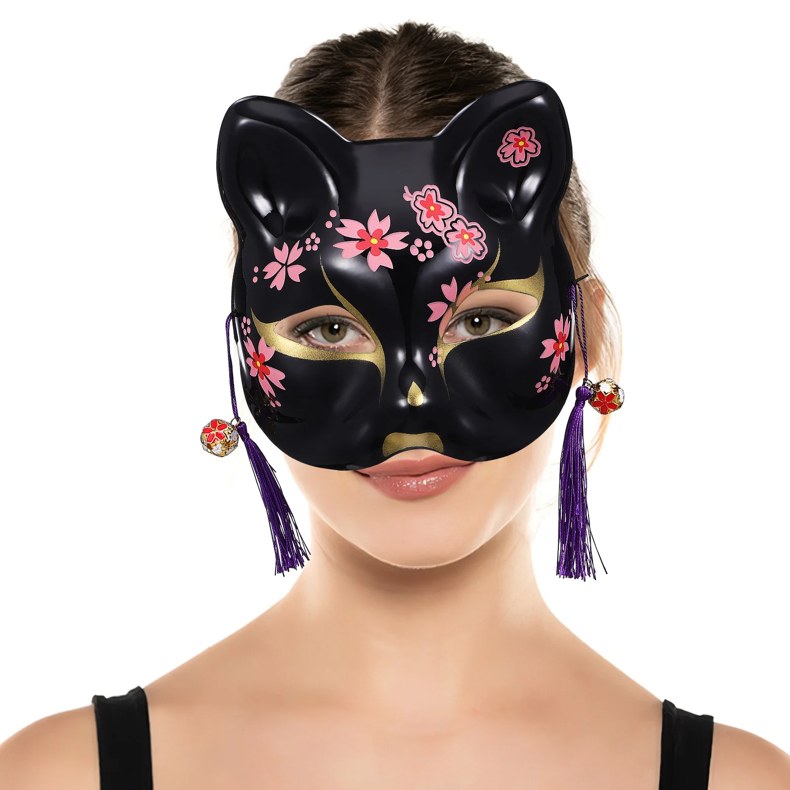 

2pcs Halloween Costume Animal Cosplay Half For Masquerade Party Cherry Blossom Cat Pattern Lightweight Sturdy Plastic