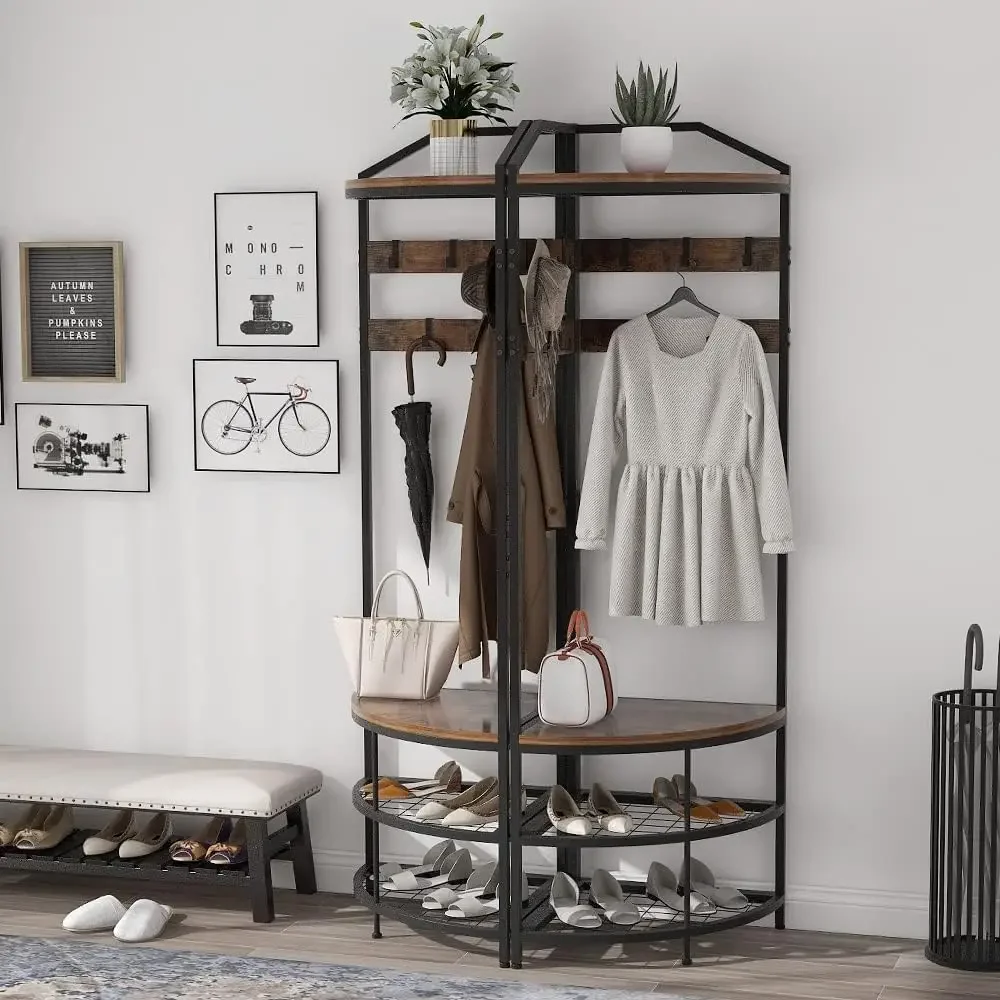 Corner Hall Tree with Shoe Bench Entryway Coat Rack with 10 Metal Movable Hooks Floor Standing Clothes Rack Shoes Shelf O