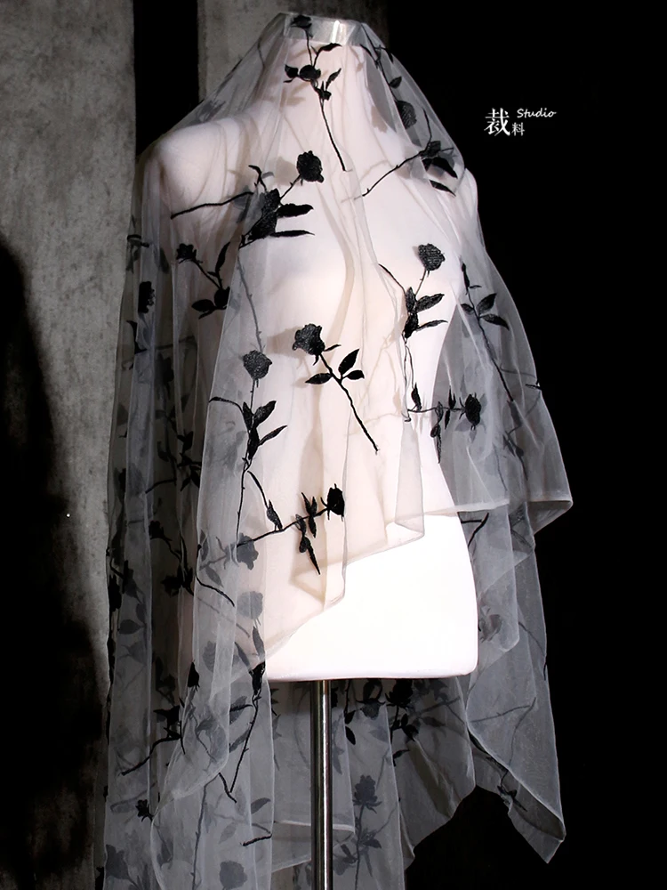 

Вышитое платье-занавеска в стиле ретро, дизайнерская ткань для одежды Хан для пэчворка, черная, розовая, серая, перспективная сетчатая ткань